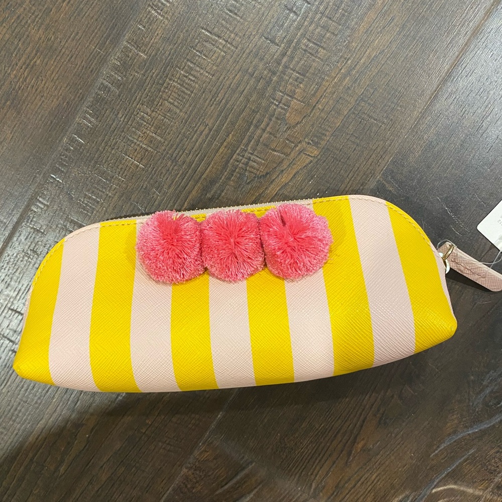 Striped Yellow and Pink Pouch with Pom Poms